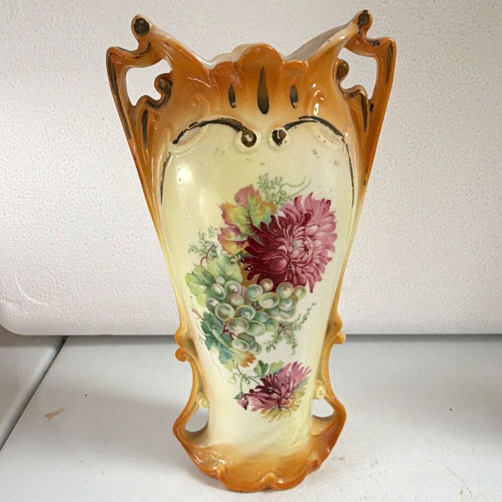 Bohemian Ceramic Floral Vase w/ Handles, Cream Brown Green Purple, Decorative